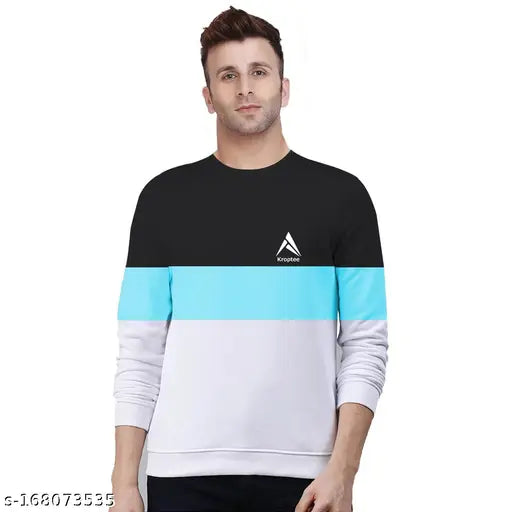 Men's T-shirt Light Blue, White & Black Full Sleeve Round Neck (Pack of 1)